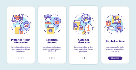 Examples of sensitive data onboarding mobile app screen. Privacy walkthrough 4 steps graphic instructions pages with linear concepts. UI, UX, GUI template. Myriad Pro-Bold, Regular fonts used