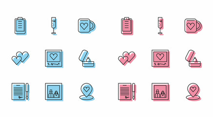 Set line Marriage contract, Family photo, Clipboard with checklist, Location heart, Photo frames and hearts, Wedding rings, Heart and Glass of champagne icon. Vector