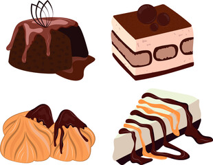 Set of sweet desserts, fondant, tiramisu, candy, cheesecake, restaurant menu, cafe, chocolate sweets