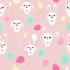 Different cute bunnies on pink background Easter seamless pattern Rabbits and eggs Vector illustration