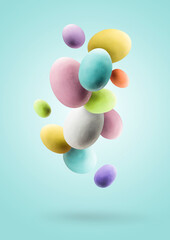 Easter eggs. Group of colored easter eggs jumping on blue background