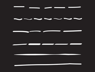 White lines hand drawn vector set isolated on black background. Collection of doodle lines, hand drawn template. White marker and grunge brush stroke lines, vector illustration