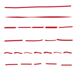 Red lines hand drawn vector set isolated on white background. Collection of doodle lines, hand drawn template. Red marker and grunge brush stroke lines, vector illustration