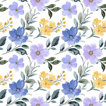 Yellow purple floral watercolor seamless pattern