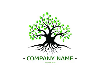Tree and roots with green leaves look beautiful and refreshing. Tree and roots LOGO style.