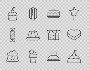 Set line Bag of flour, Cake, Ice cream, Pudding custard, Kitchen extractor fan and Candy heart shaped box icon. Vector