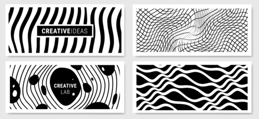 Vector set of abstract black and white horizontal different illustration of wave line and net pattern, decorative geometric background