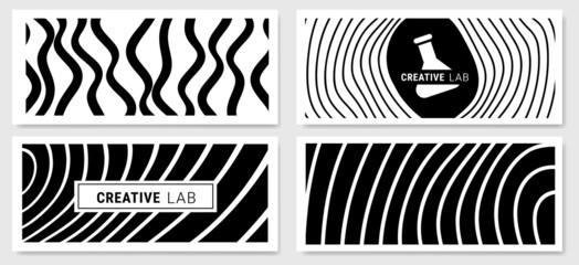 Vector set of abstract black and white horizontal illustration with different wave line, decorative background with line and flask
