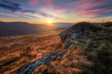 Beautiful landscape of mountains during sunset - Bieszczady in Poland