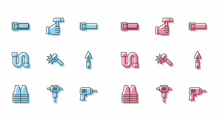 Set line Safety vest, Construction jackhammer, Hand saw, Electric drill machine, Hammer, Trowel, Industry pipe and icon. Vector