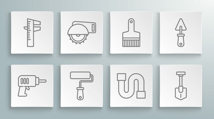 Set line Electric drill machine, circular saw, Paint roller brush, Industry pipe, Shovel, Trowel and Calliper or caliper and scale icon. Vector