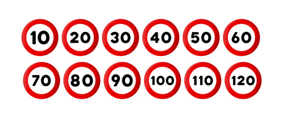 Speed limit sign icon set. Road sign. Traffic concept. Vector EPS 10. Isolated on white background - obrazy, fototapety, plakaty
