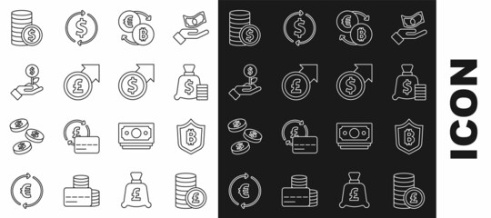 Set line Coin money with pound, Shield bitcoin, Money bag, Cryptocurrency exchange, Financial growth and, Dollar plant, dollar and icon. Vector