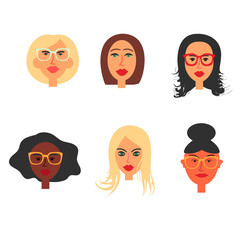 Set of cute female avatars. Cartoon character. Hand drawn illustration.  Vector.