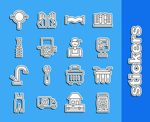 Set line Laundry detergent, Water filter, Pressure water meter, Industry metallic pipe, Gas boiler, Toilet brush, Filter wrench and Plumber icon. Vector