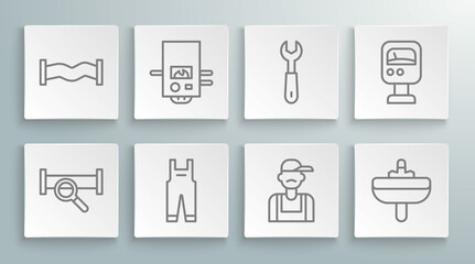 Set line Industry metallic pipe, Gas boiler, Work overalls, Plumber, Washbasin, Wrench spanner, Pressure water meter and icon. Vector