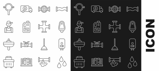 Set line Water drop, Electric boiler, Toilet urinal or pissoir, Industry pipe and valve, Drain cleaner bottle, Plumber, Filter wrench and metallic icon. Vector