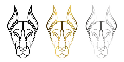 Three color black gold and silver line art of Doberman Pinscher dog head Good use for symbol, mascot icon avatar tattoo T Shirt design logo or any design you want