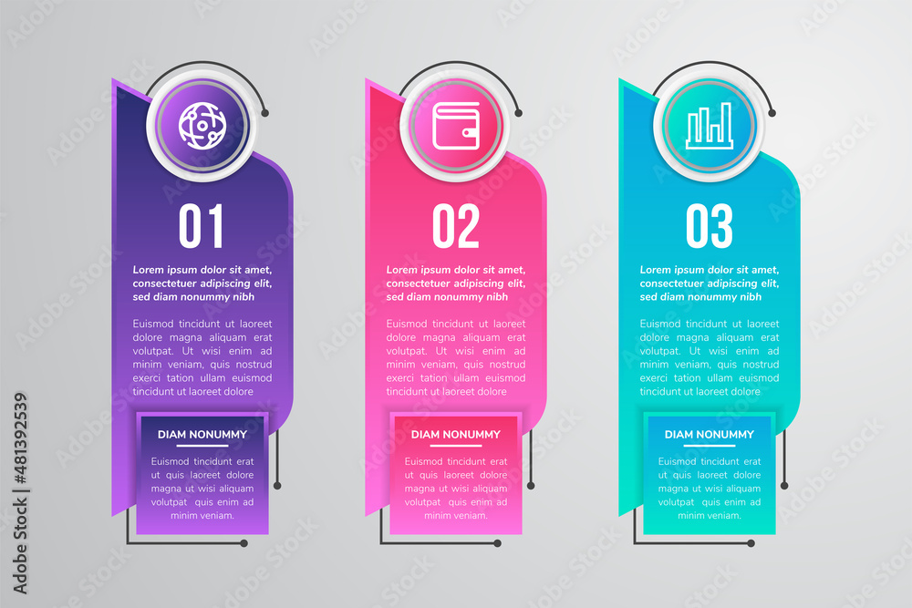 Poster three steps vector illustration of half hexagonal block infographic element. vertical layout with ic