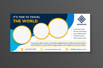 Banner template design for promotion of travel and tour company. horizontal layout with circle space for photo. yellow and multicolor blue elements. white background.