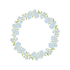 Forget-me-not hand drawn flower wreath vector illustration isolated on white. Vintage Romantic spring floral round frame. Botanical floral arrangement for Wedding Birthday Happy Easter design.