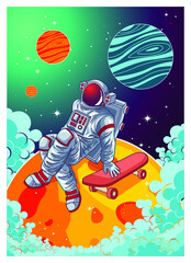 astronaut playing skateboard in space illustration