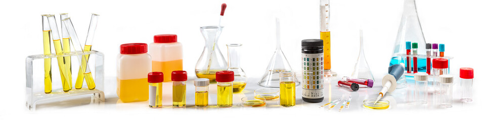 Conceptual image on urine alysis, dipstick, urine vials,Urine Tests Measurement close up view