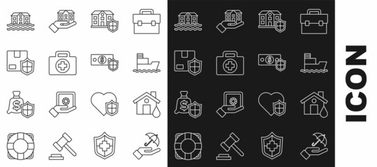 Set line Umbrella in hand, House flood, Ship, with shield, First aid kit, Delivery security, and Money icon. Vector