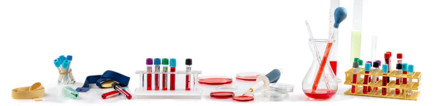 Blood tests-laboratory equipment, presentation of blood tube and material, in a biological laboratory