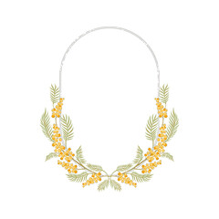 Mimosa hand drawn flower frame vector illustration isolated on white. Vintage Romantic spring floral frame. Botanical floral arrangement for Happy Easter design.