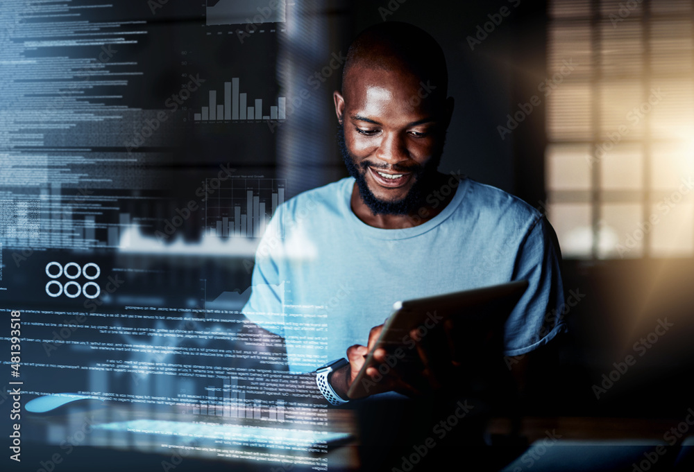 Poster Deciphering new data. Shot of a programmer using a digital tablet while working on a computer code at night.