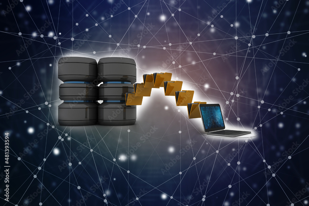 Poster 3d rendering database storage data base with cloud folder storage in laptop