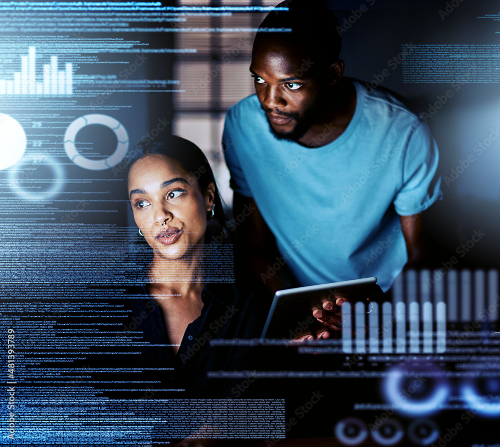 Poster Reading the data over again. Shot of two programmers working together on a computer code at night.