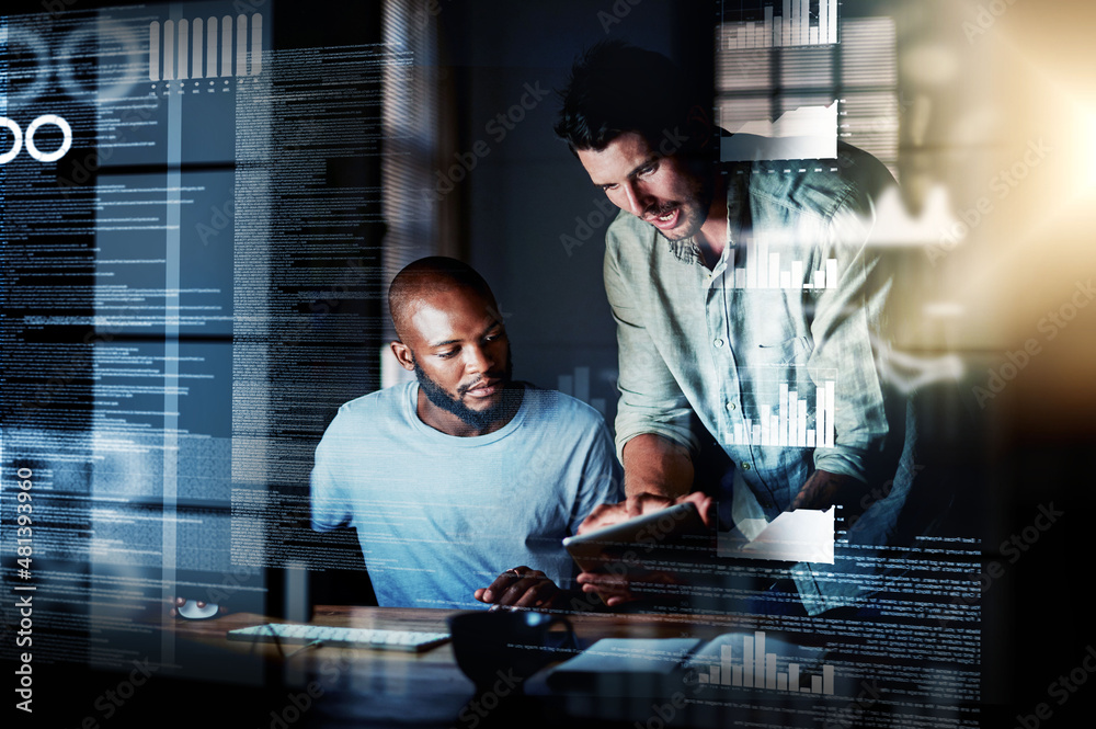 Poster This algorithm should work. Shot of two programmers using a digital tablet while working together on a computer code at night.