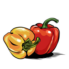 Fresh whole sweet peppers on a white background. Juicy vegetables in a realistic style. Hand drawn Vector illustration.