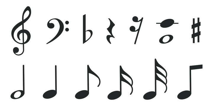 Music notes icons set. Black notes symbol on white background.