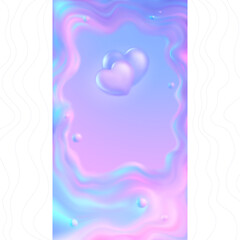 Two vector hearts on a blue and pink fluid background. Abstract symbol of love inside a blurred frame of splashes. Vertical banner template for Valentine's Day.  Phone wallpaper with a trendy gradient