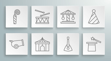 Set line Cannon, Drum with drum sticks, Circus tent, Balalaika, Magic hat and wand, Attraction carousel, Party and Birthday party horn icon. Vector
