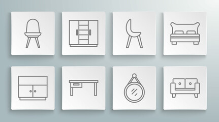 Set line Wardrobe, Office desk, Mirror, Sofa, Armchair, Big bed and Chair icon. Vector