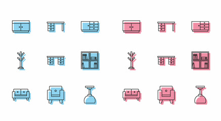 Set line Sofa, Armchair, Chest drawers, Lamp hanging, Office desk, Shelf with books, Coat stand and icon. Vector