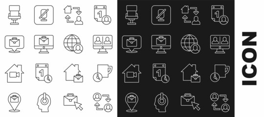 Set line Project team base, Time management, Video chat conference, Online working, Office chair and Freelancer icon. Vector