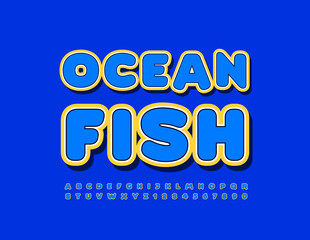 Vector creative poster Ocean Fish with Blue and Yellow sticker style Font. Bright set of modern Alphabet Letters and Numbers