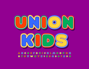 Vector colorful banner Union Kids. Bright childish Font. Sticker style set of Alphabet Letters and Numbers