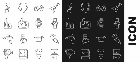 Set line Tetris, Fountain pen nib, Wrist watch, Glasses, Joystick, Lipstick, Ear with earring and icon. Vector