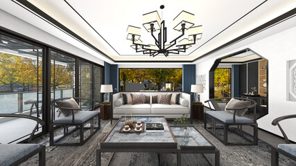 3D Chinese luxury private dining room - chandelier