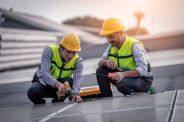 Engineer wearing unifrom and helmet inspect and check solar cell panel ,solar cell is ecology...