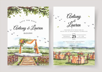 Wedding invitation of nature landscape with beautiful wedding gate view watercolor