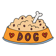 Cartoon doodle linear dog food in the bowl isolated on white background. 