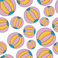 Cartoon doodle linear beach ball seamless pattern. Leisure games background. 