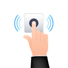 Hand push the bell button at the front door. Flat button. Flat vector illustration. Home entrance.